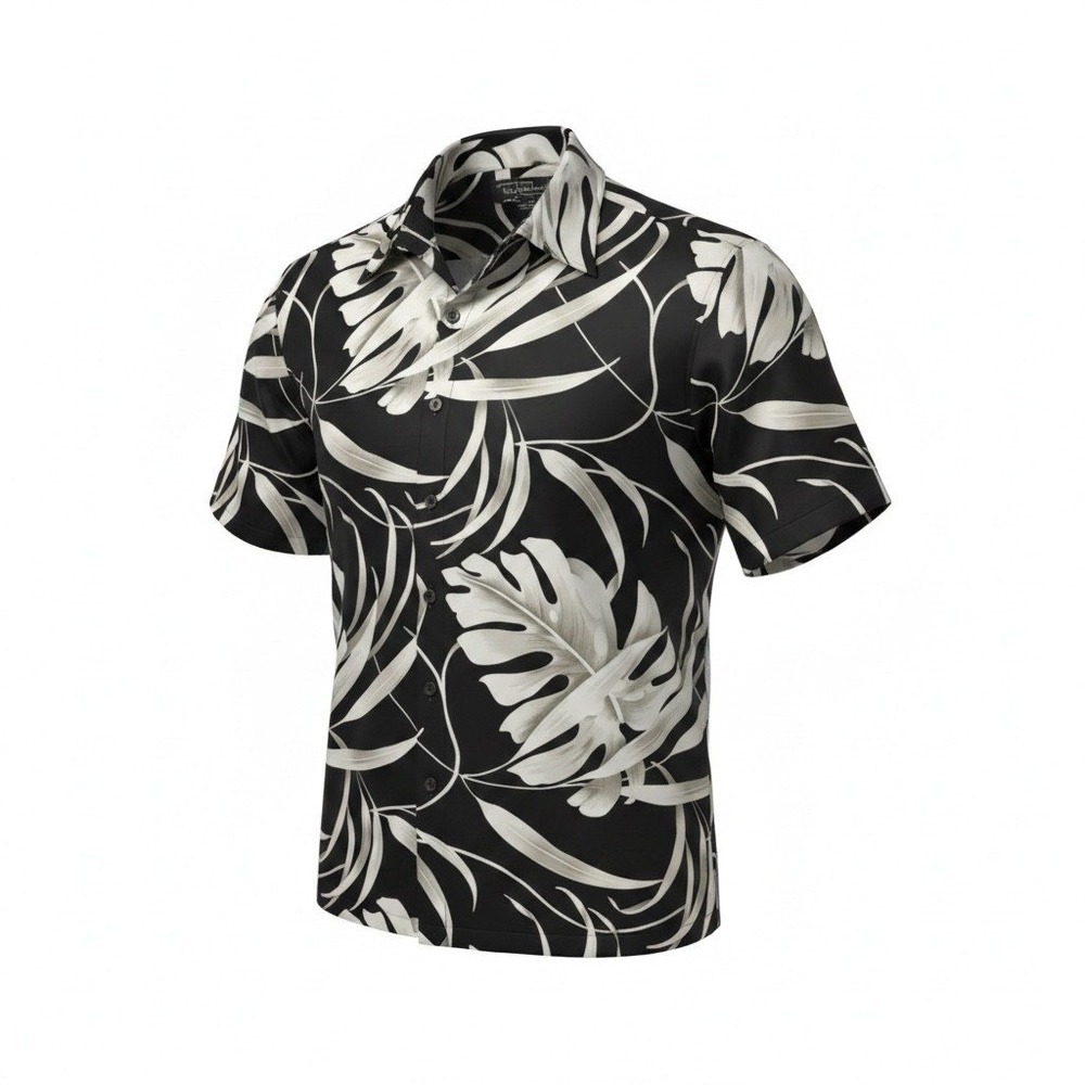 Tori Richard Mens Black Silk Monstera Leaf Print Aloha Camp Shirt Large